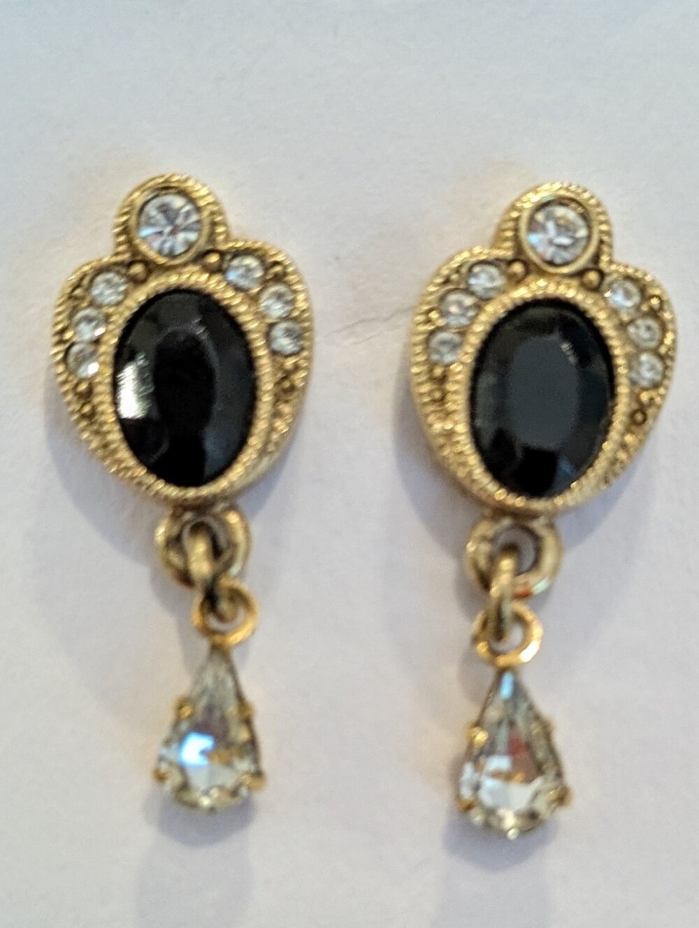 Vintage Formal Earrings Gold Black Rhinestone Teardrop